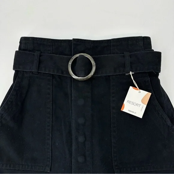 NEW Forever 21 Black Denim Snap Button Down Mini Skirt Resort Collection Small - Picture 2 of 5